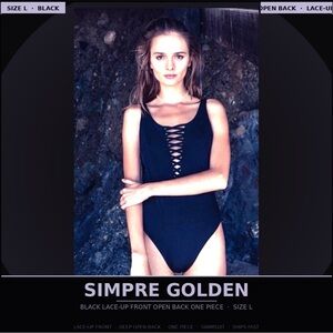 Simpre Golden Black Lace-Up Front Open Back One Piece Swimsuit Size L |